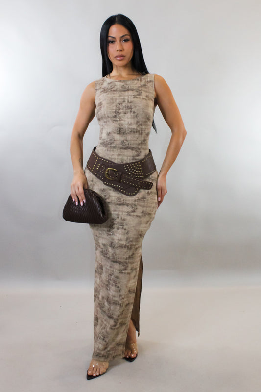 Belted Brown Slit Dress
