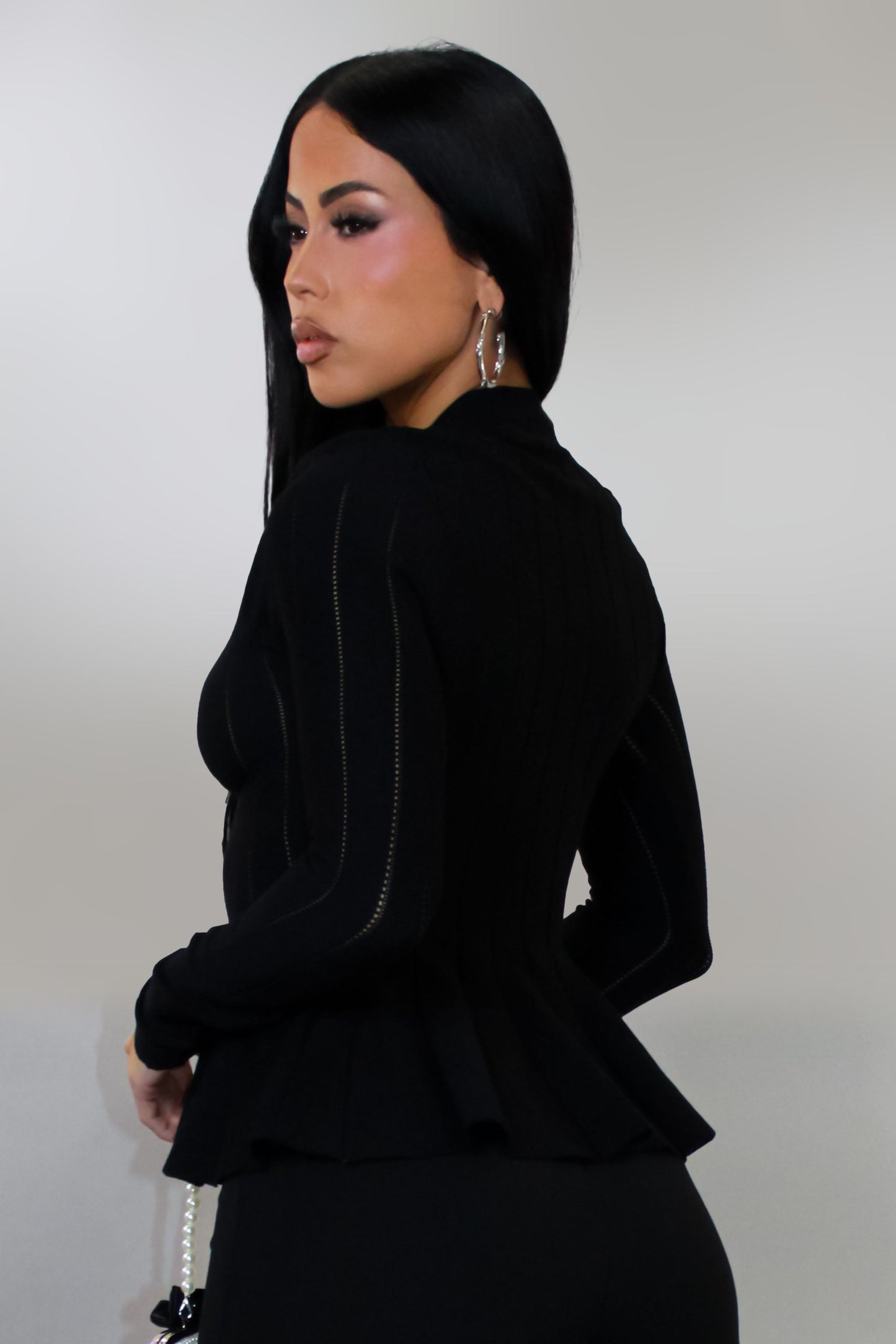 Pearl Topped Long Sleeve Top- Black