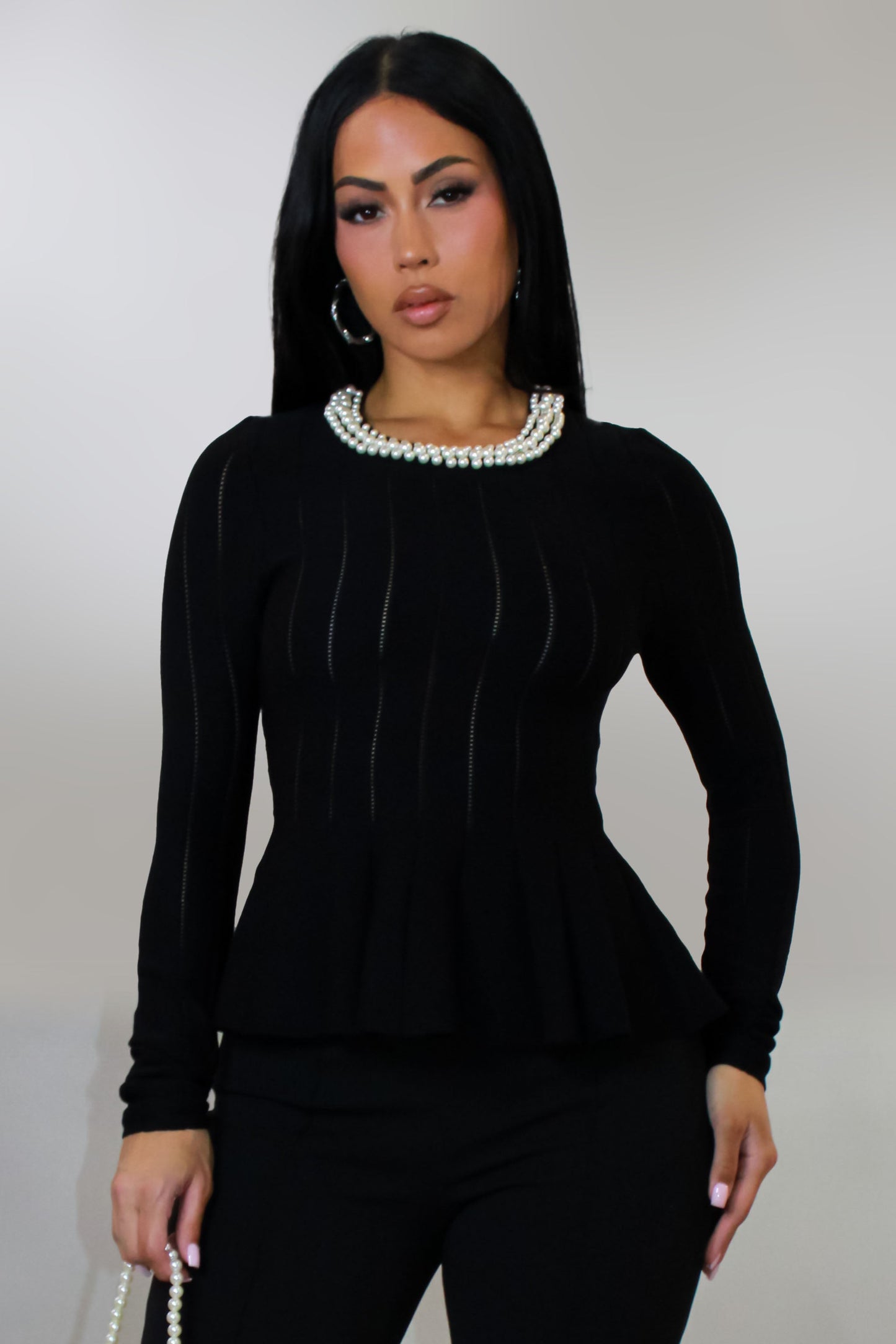 Pearl Topped Long Sleeve Top- Black