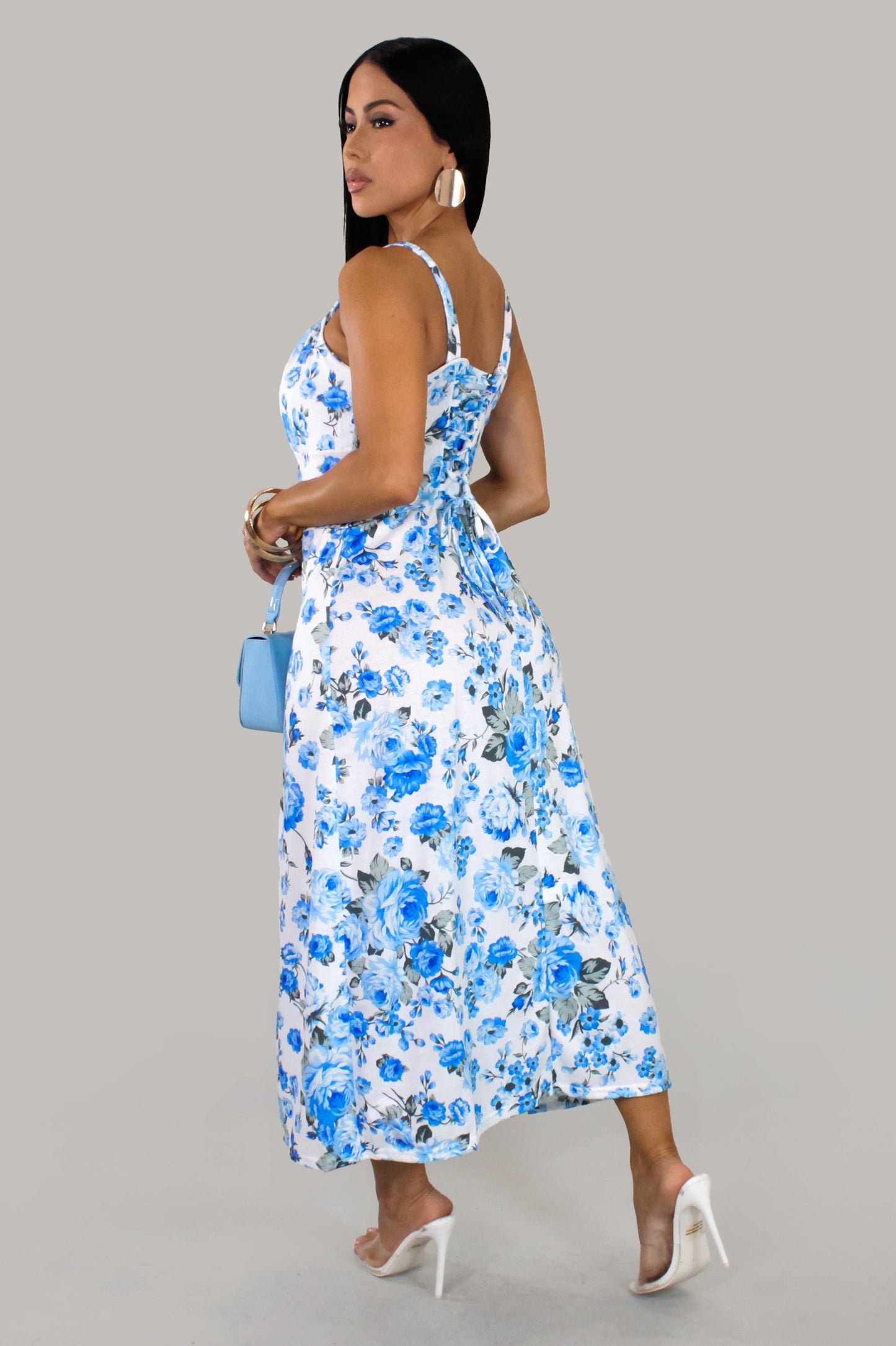 Welcome Spring Blue & White Slit Dress