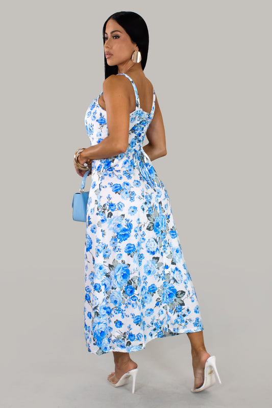 Welcome Spring Blue & White Slit Dress