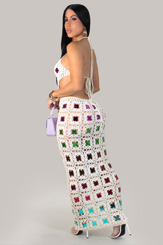 Glitter Skirt Set/Swimwear Coverup- Ivory/Multi