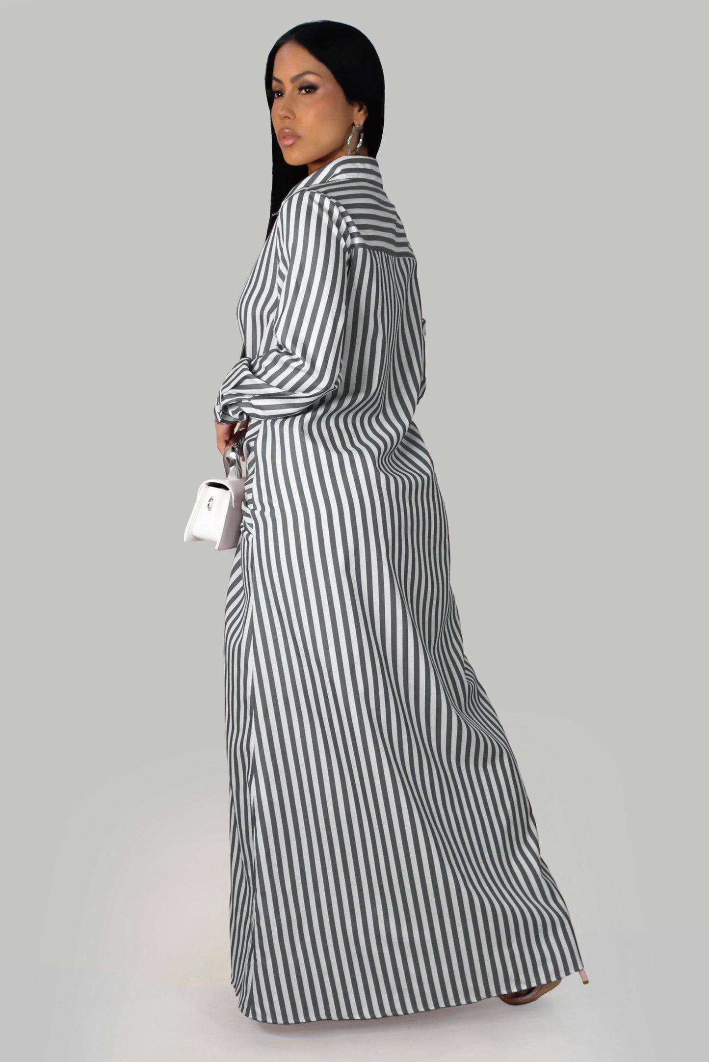 Grey & White Striped Long Sleeve Maxi Dress w/ Knot