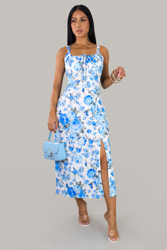 Welcome Spring Blue & White Slit Dress
