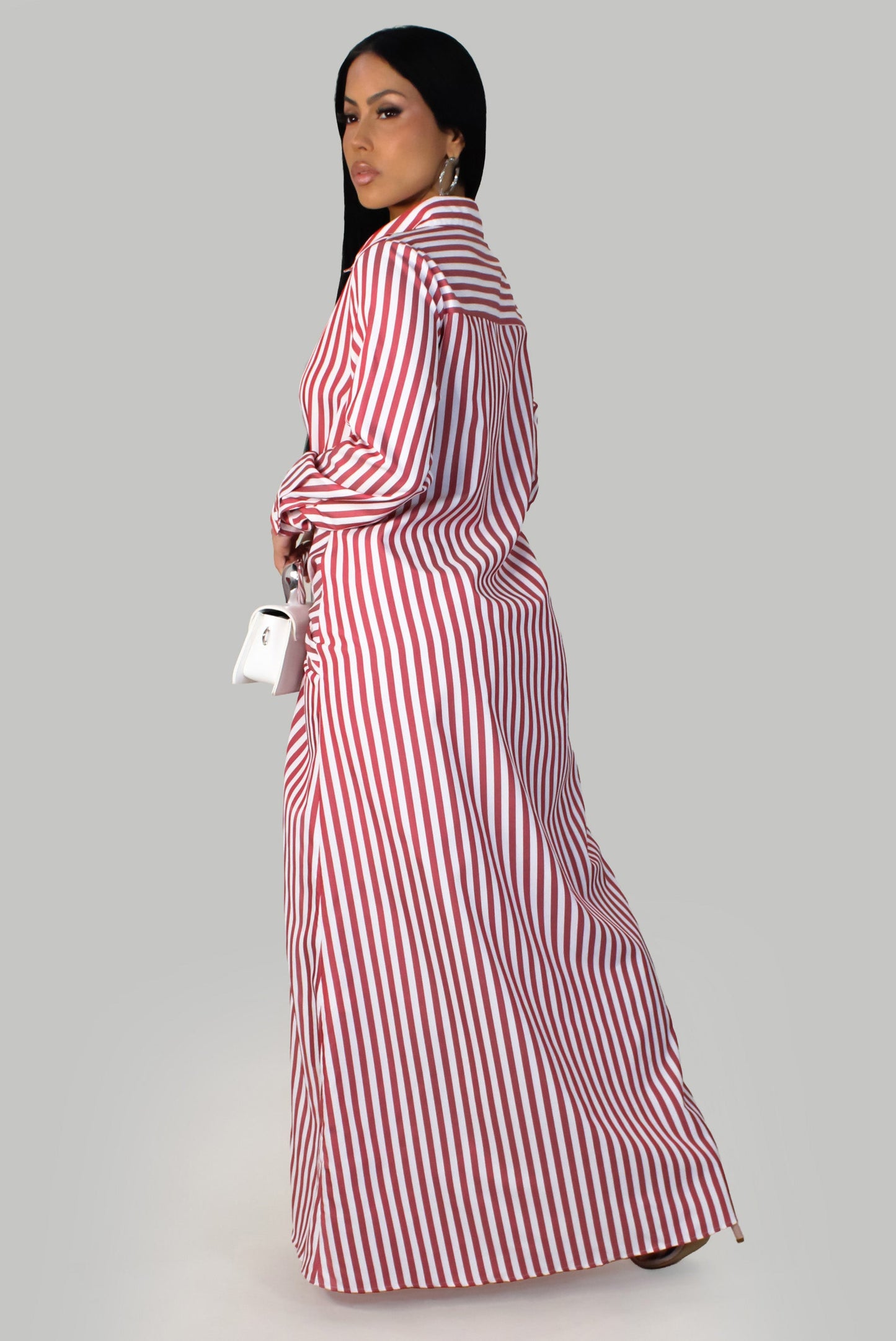 Red & White Striped Long Sleeve Maxi Dress w/ Knot