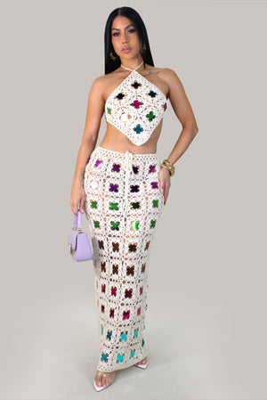 Glitter Skirt Set/Swimwear Coverup- Ivory/Multi