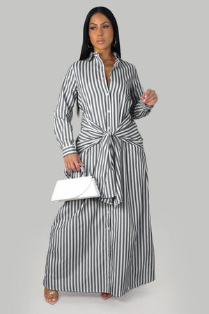 Grey & White Striped Long Sleeve Maxi Dress w/ Knot
