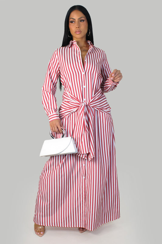 Red & White Striped Long Sleeve Maxi Dress w/ Knot