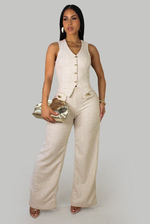 Luxe Tweed Sleeveless V- Neck Cropped Vest & Pants Set- Blush/Gold