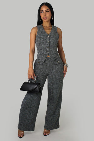 Luxe Tweed Sleeveless V- Neck Cropped Vest & Pants Set- Black/Silver
