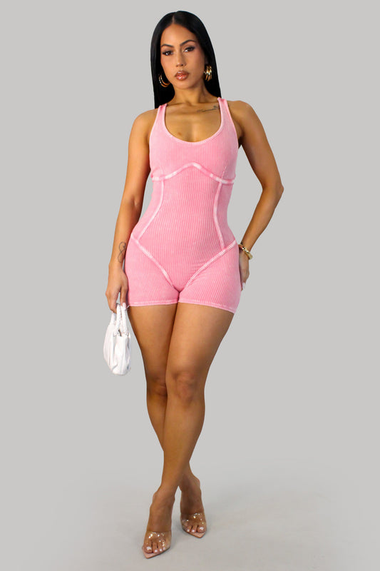 Open Back Ribbed Solid Romper- Pink