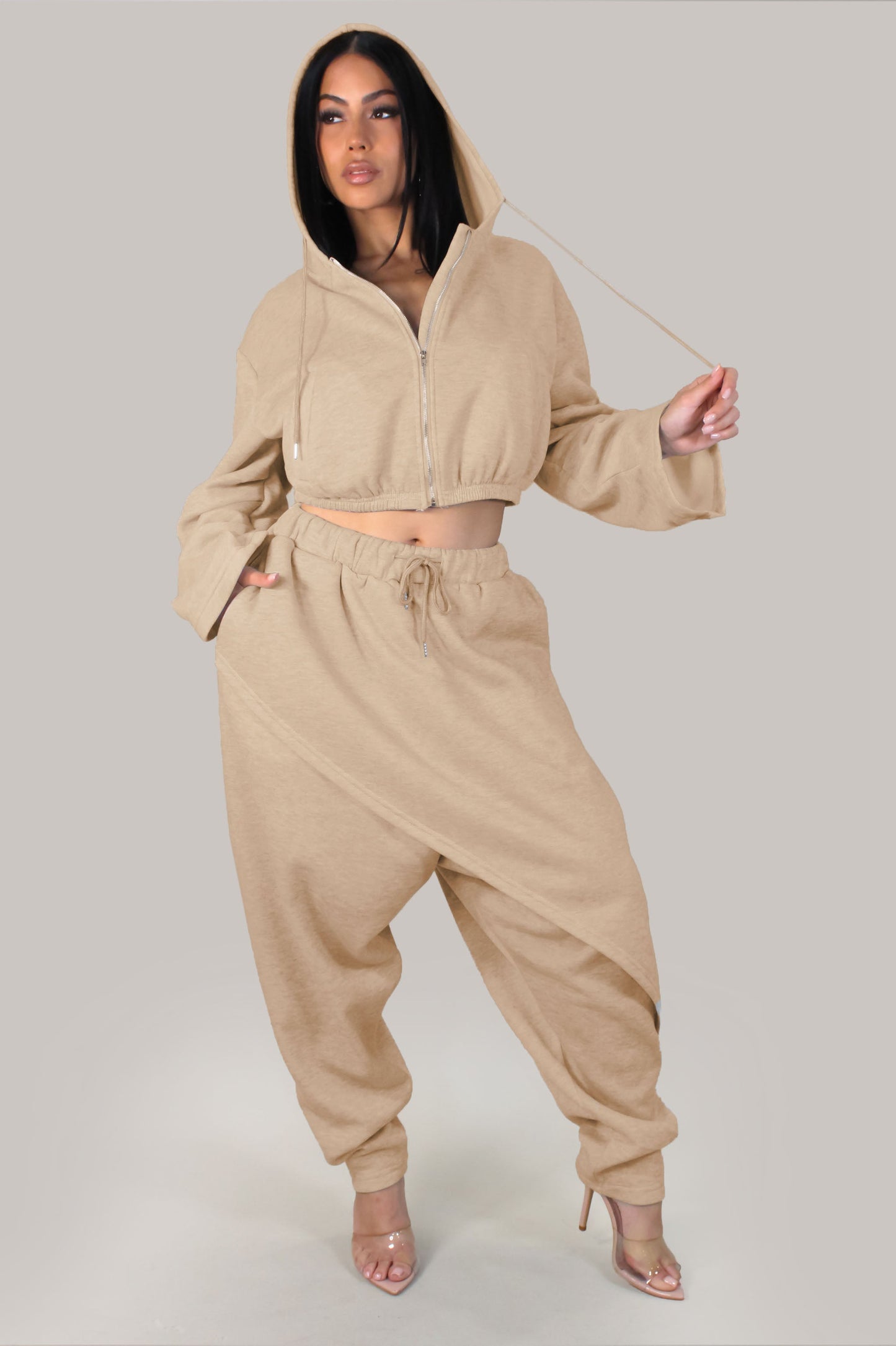 Another Comfort Pant & Cropped Jacket Set- Tan