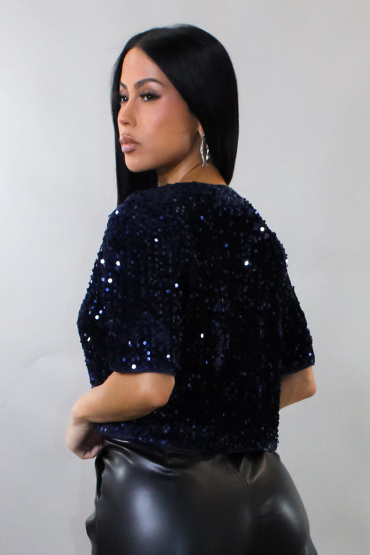 Show Stopper Sequin Cropped Cover Top- Blue