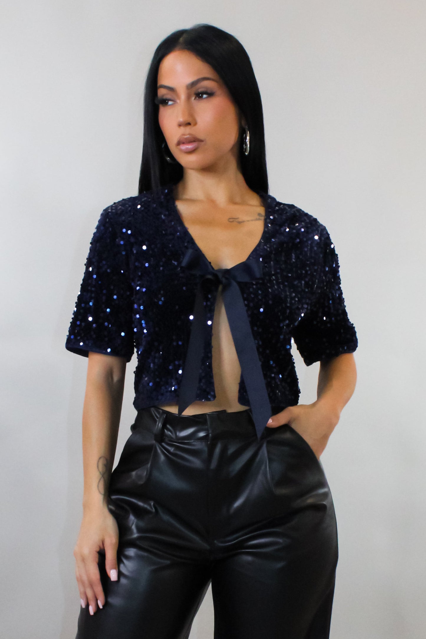 Show Stopper Sequin Cropped Cover Top- Blue