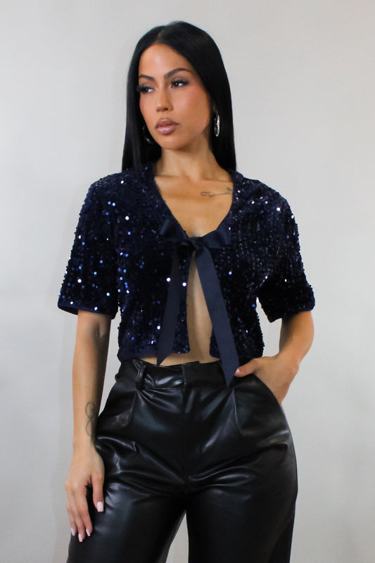 Show Stopper Sequin Cropped Cover Top- Blue
