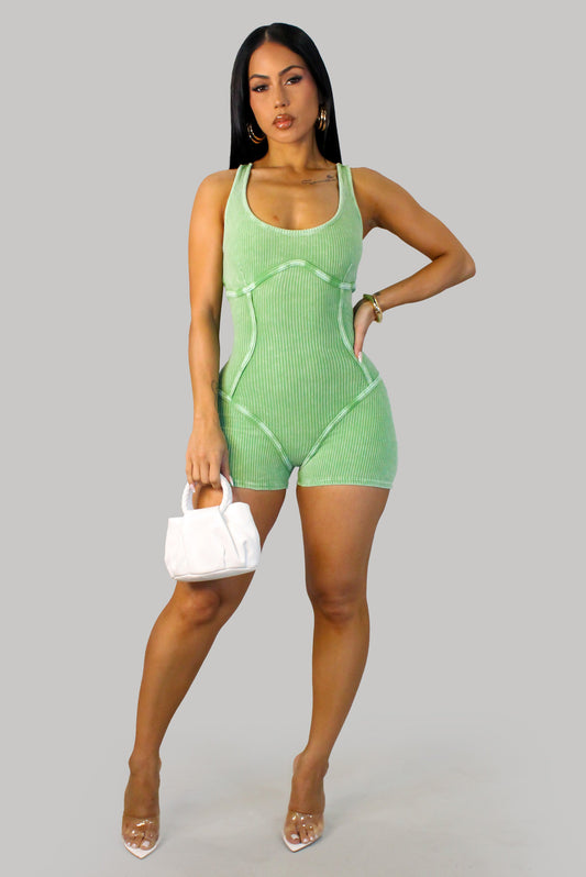 Open Back Ribbed Solid Romper- Green
