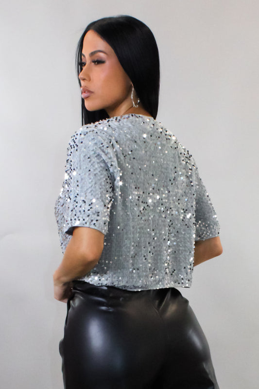 Show Stopper Sequin Cropped Cover Top- Silver