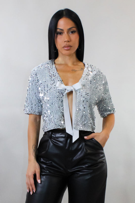 Show Stopper Sequin Cropped Cover Top- Silver