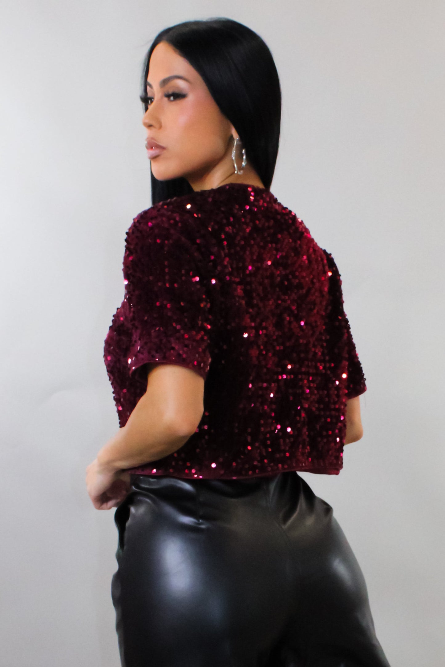Show Stopper Sequin Cropped Cover Top- Burgundy