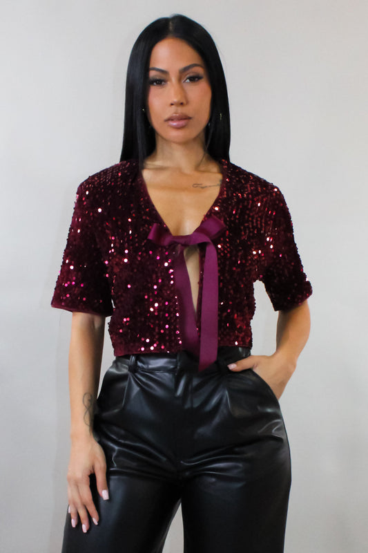 Show Stopper Sequin Cropped Cover Top- Burgundy