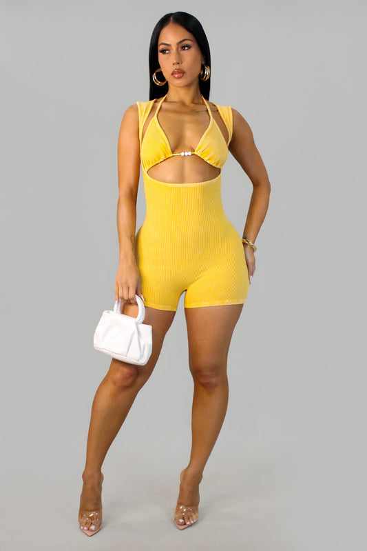 Ribbed Solid Romper- Yellow