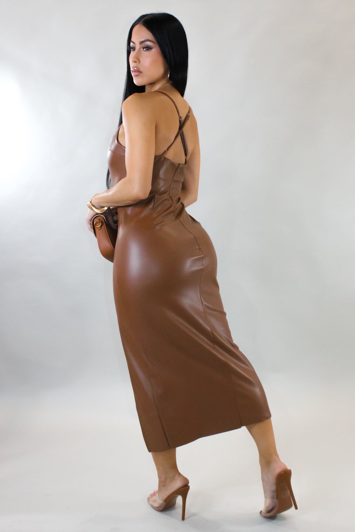 Lure You In Pu Leather Dress- Camel