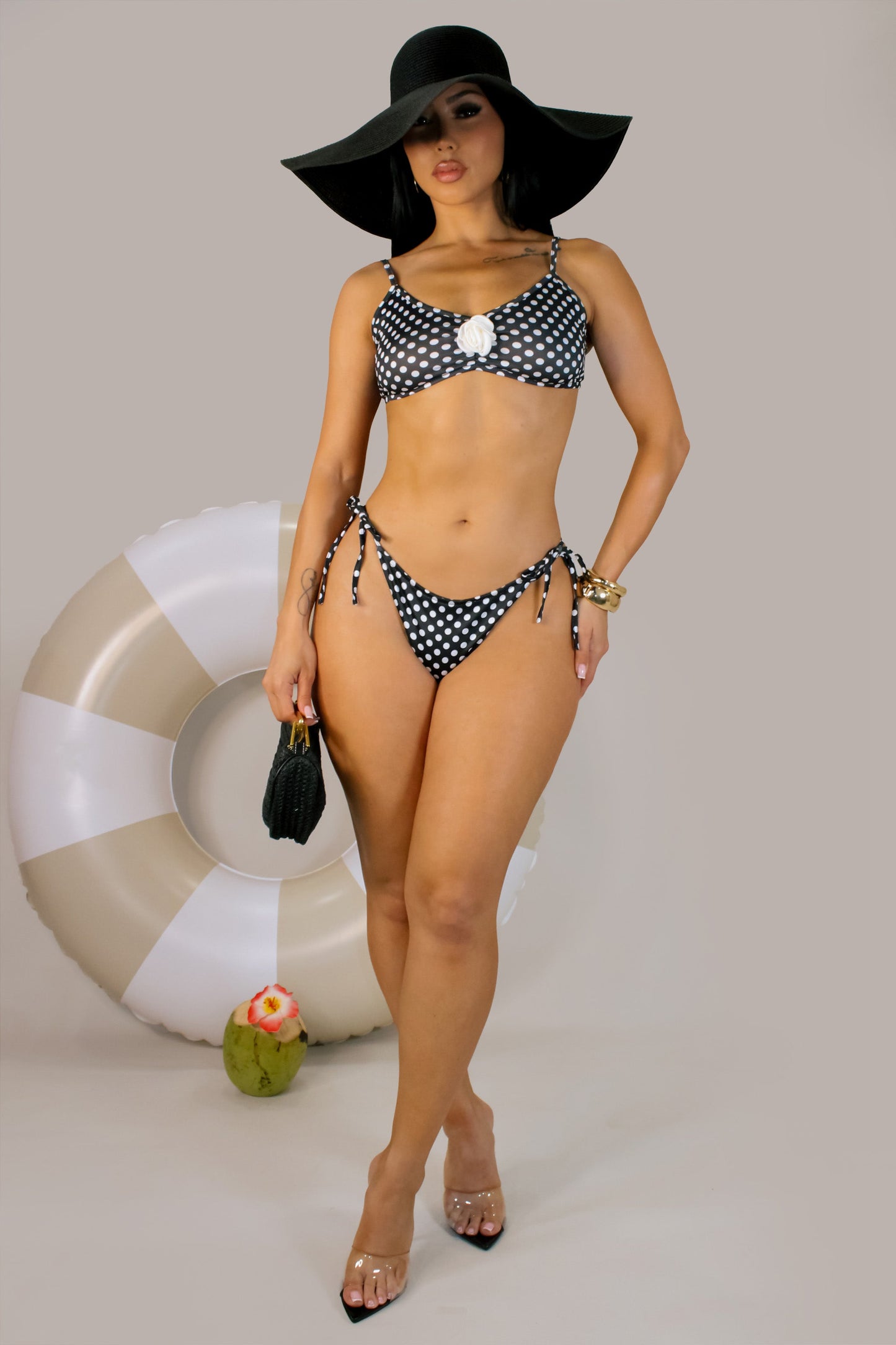 Black & White Expressions Flower Polka Dot Bikini Set