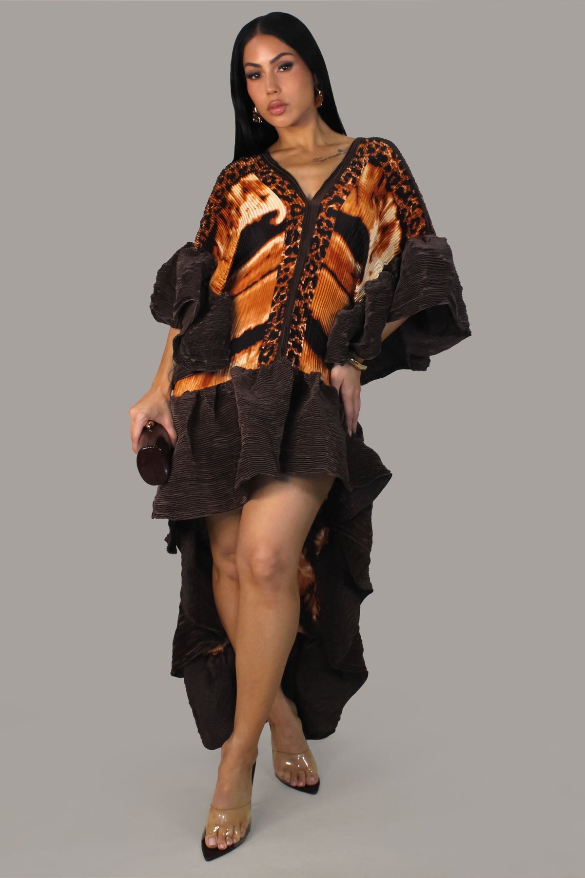 Into the Wild High Low Pleated Kaftan Dress- Brown/Multi
