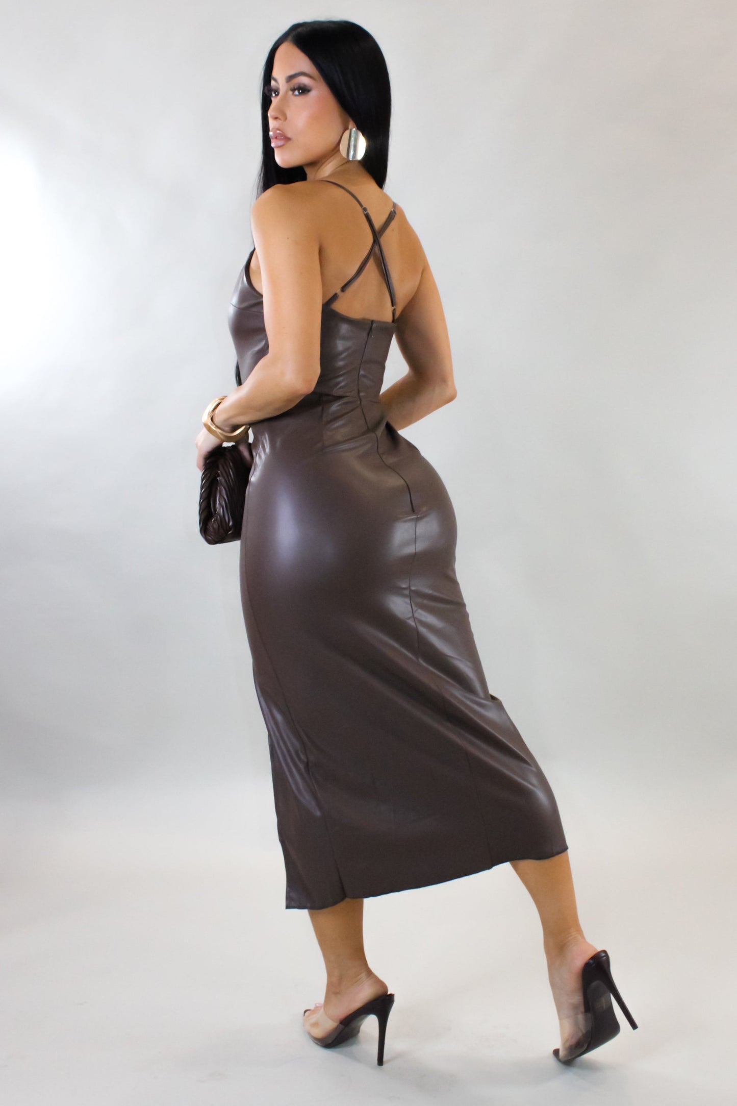 Lure You In Pu Leather Dress- Brown