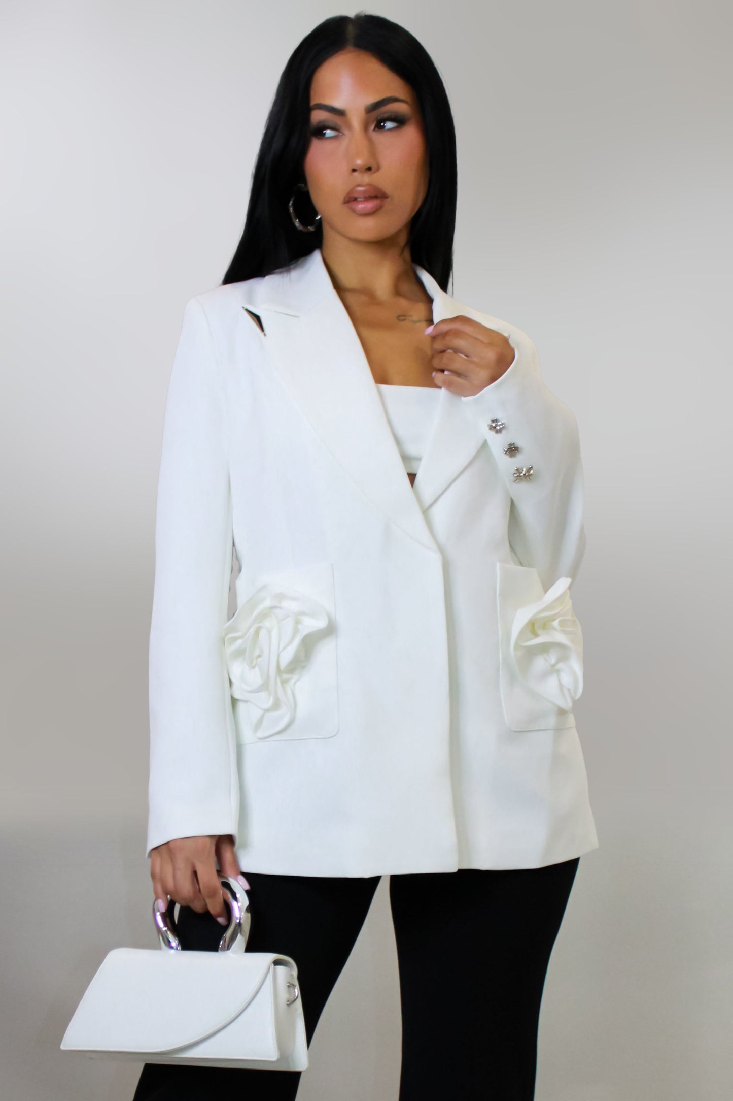 Flower Stitched Blazer- White