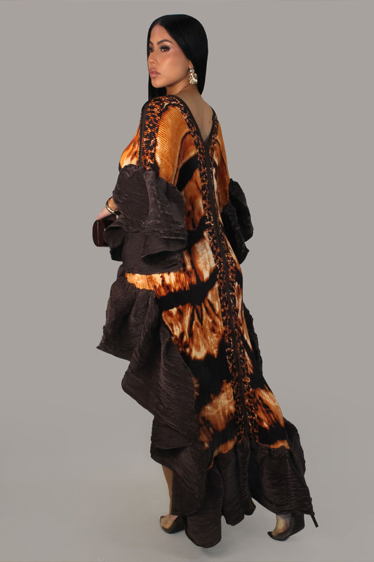 Into the Wild High Low Pleated Kaftan Dress- Brown/Multi