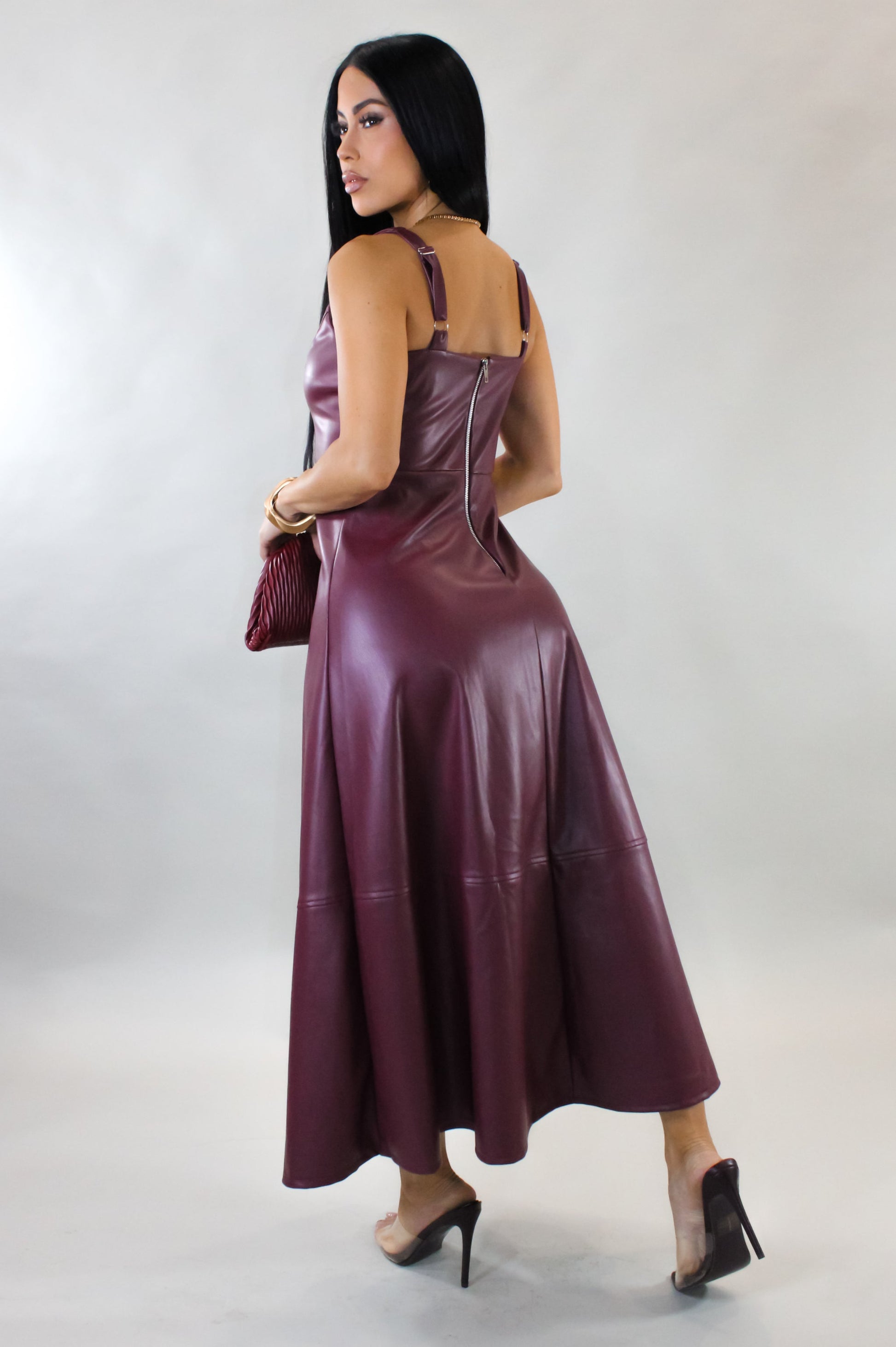 For the One Time Leather Midi Dress- Burgundy S&E Retail Expo For the One Time Leather Midi Dress- Burgundy S&E Retail Expo
