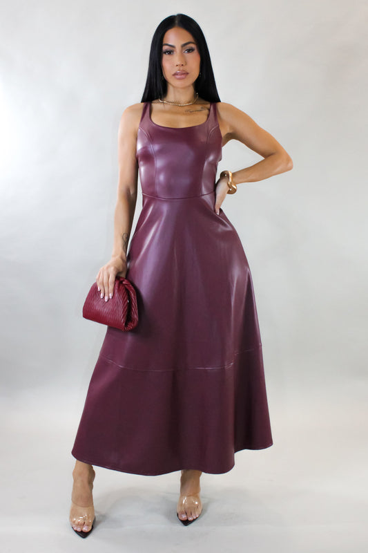 For the One Time Leather Midi Dress- Burgundy