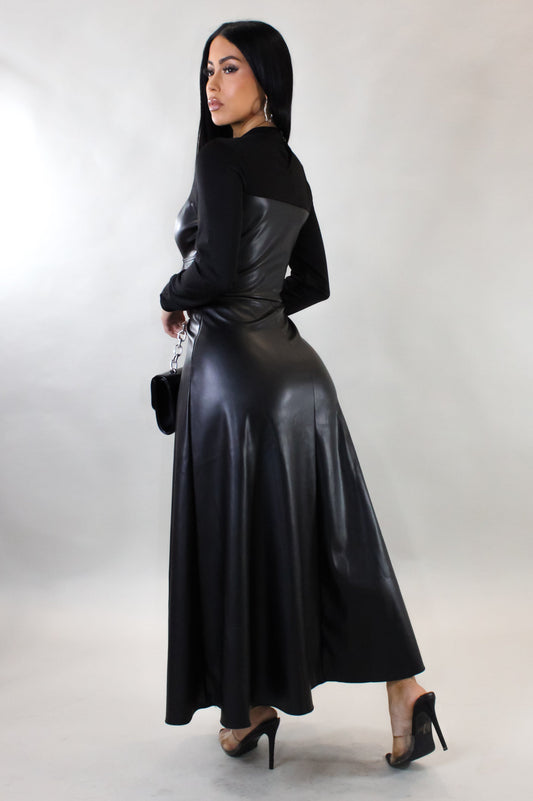 On the Record Leather Midi Dress- Black