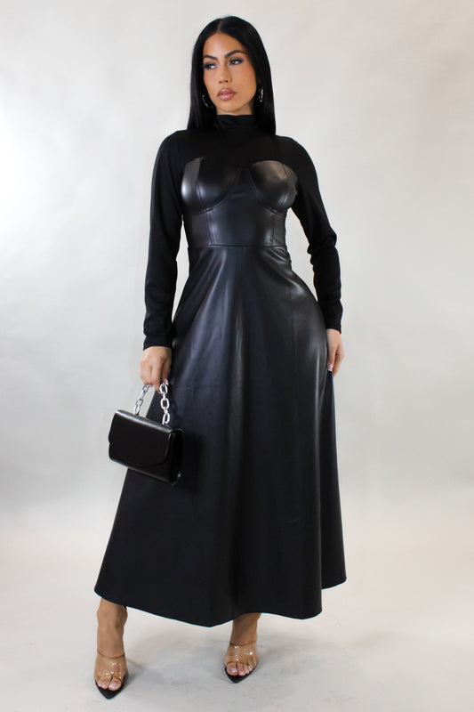 On the Record Leather Midi Dress- Black