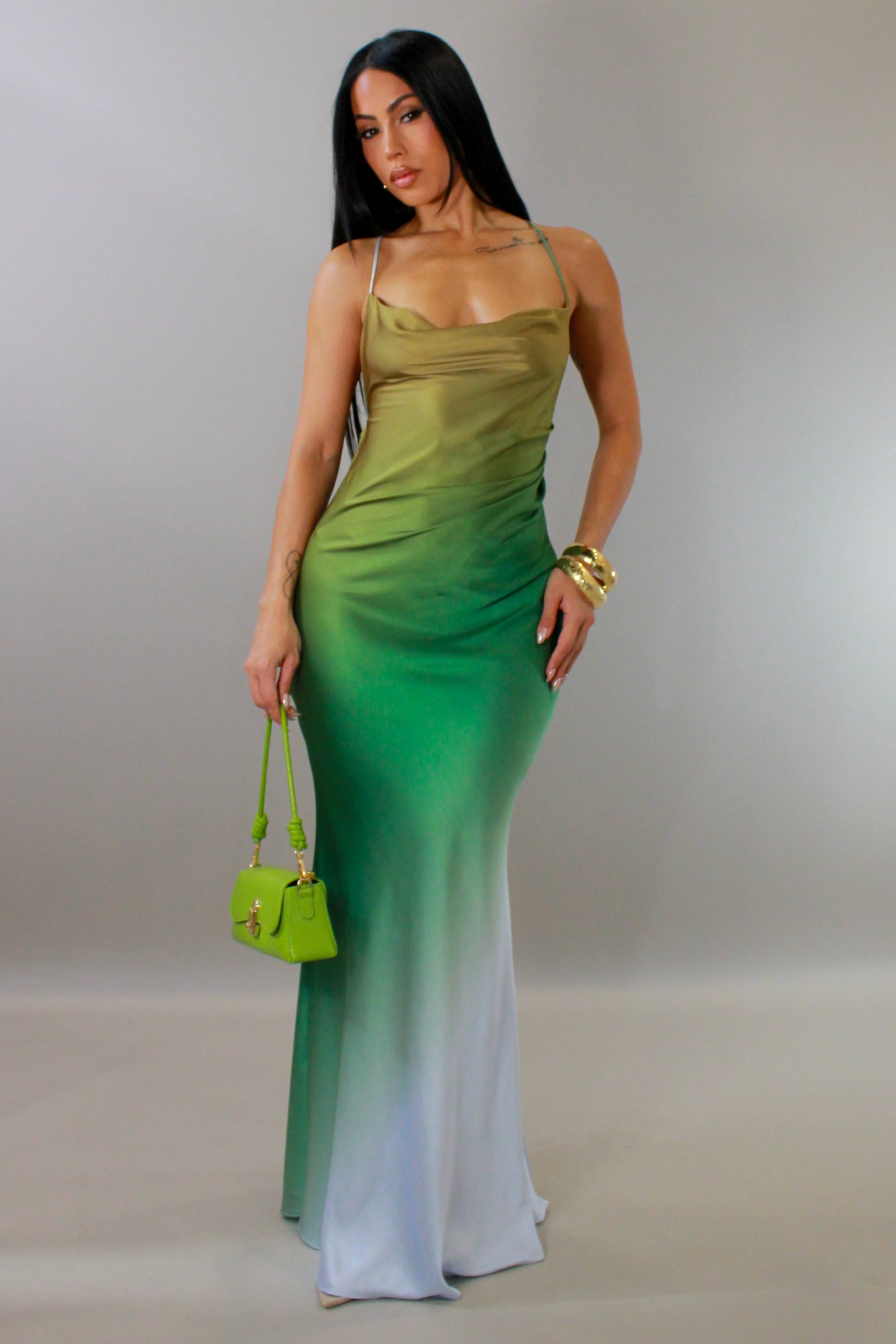 Gradient Twist Open Back Maxi Dress- Green