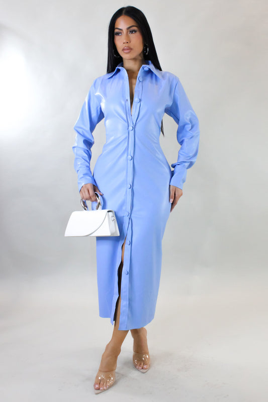 Buttoned Leather Midi Dress- Blue