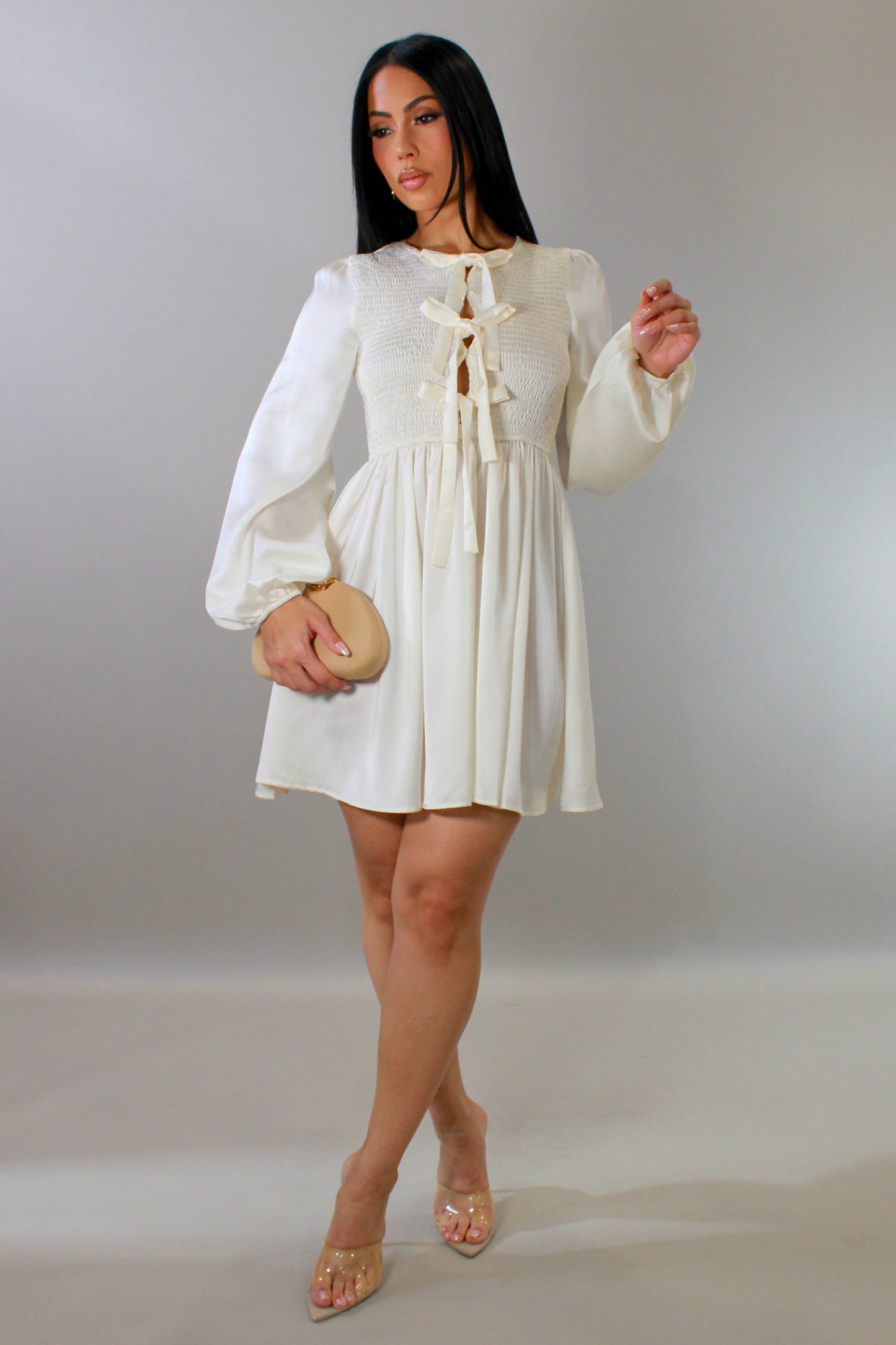 Tell Me About It Flare Mini Dress W/ Bowties- White