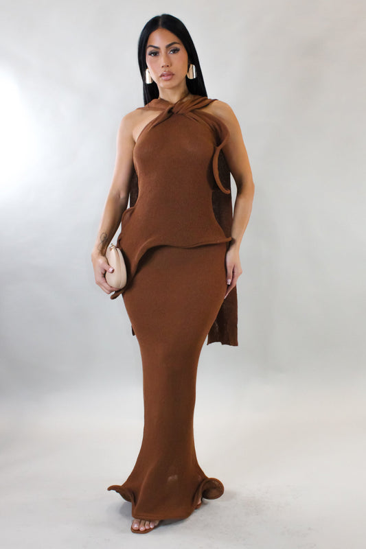Knit Ruffle Halter Maxi Dress-Brown