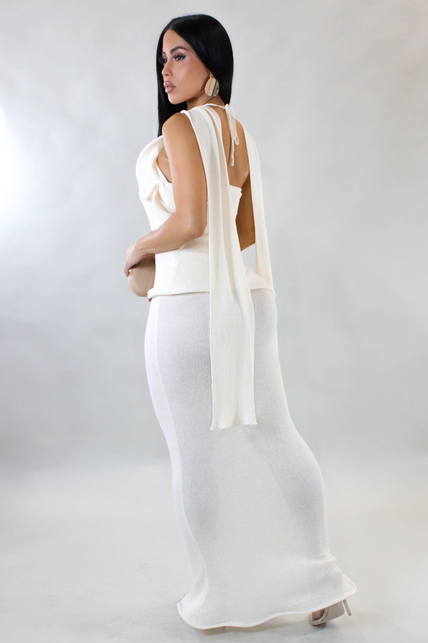 Knit Ruffle Halter Maxi Dress- Ivory