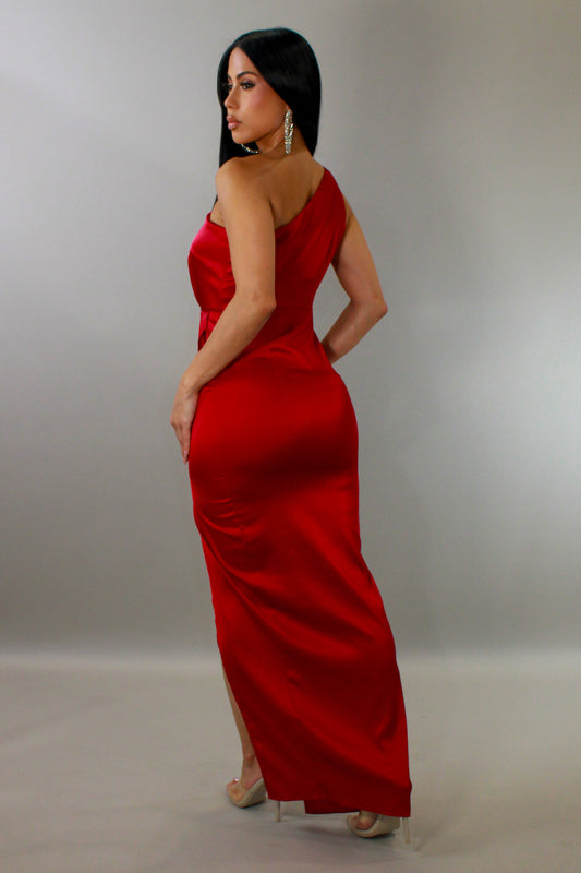 Bringing the Heat One Shoulder Slit Satin Maxi Dress- Red
