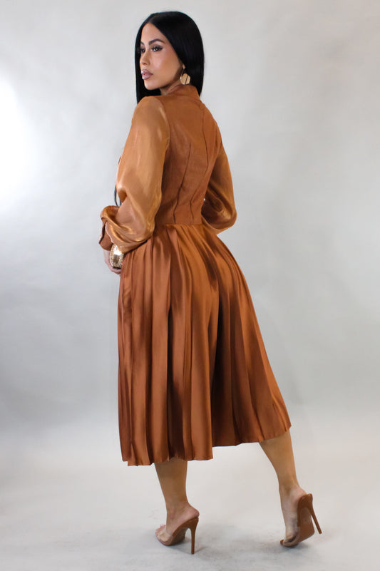 Pleated Bottom & Jacketed Top Dress- Brown