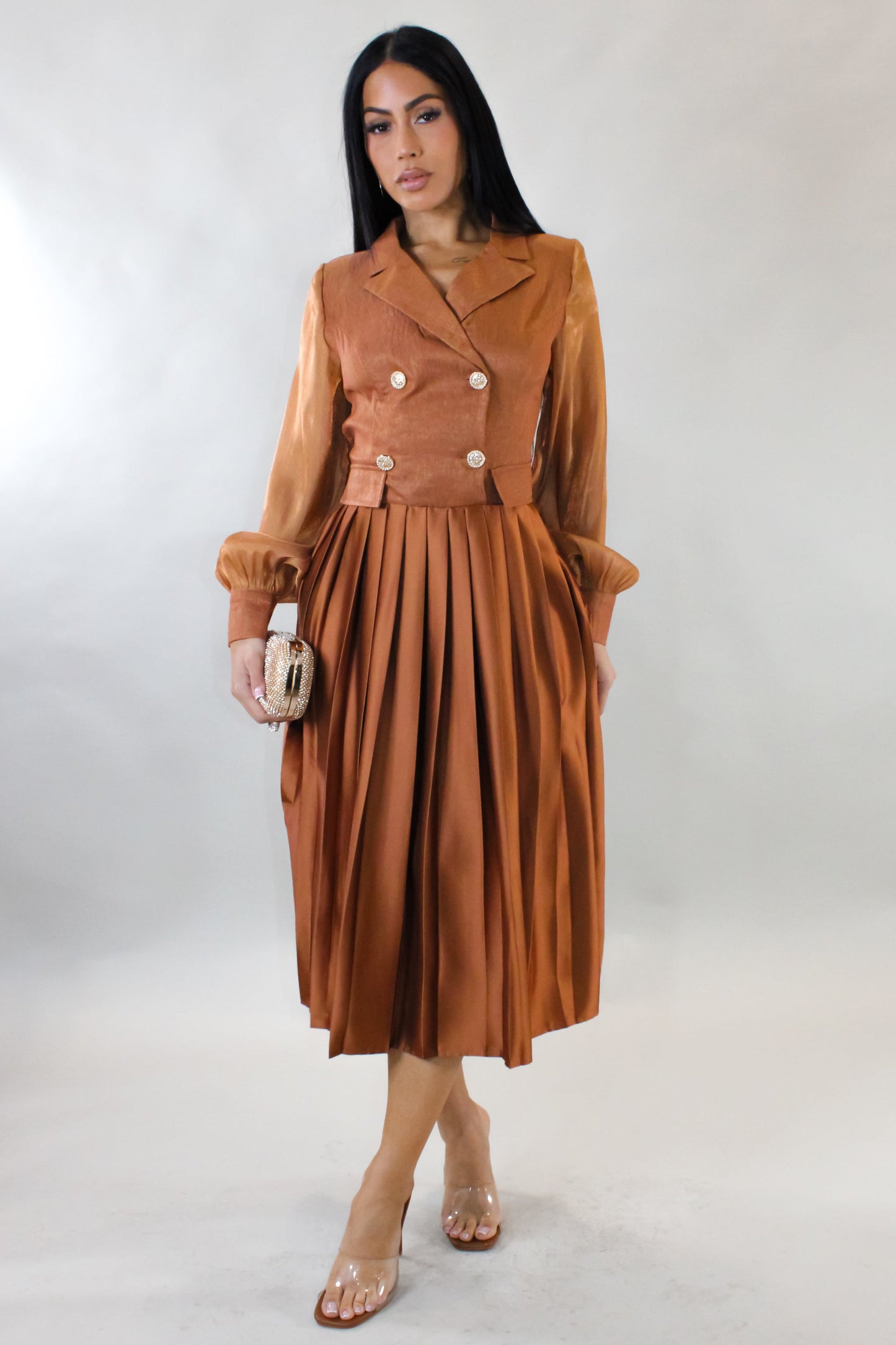 Pleated Bottom & Jacketed Top Dress- Brown