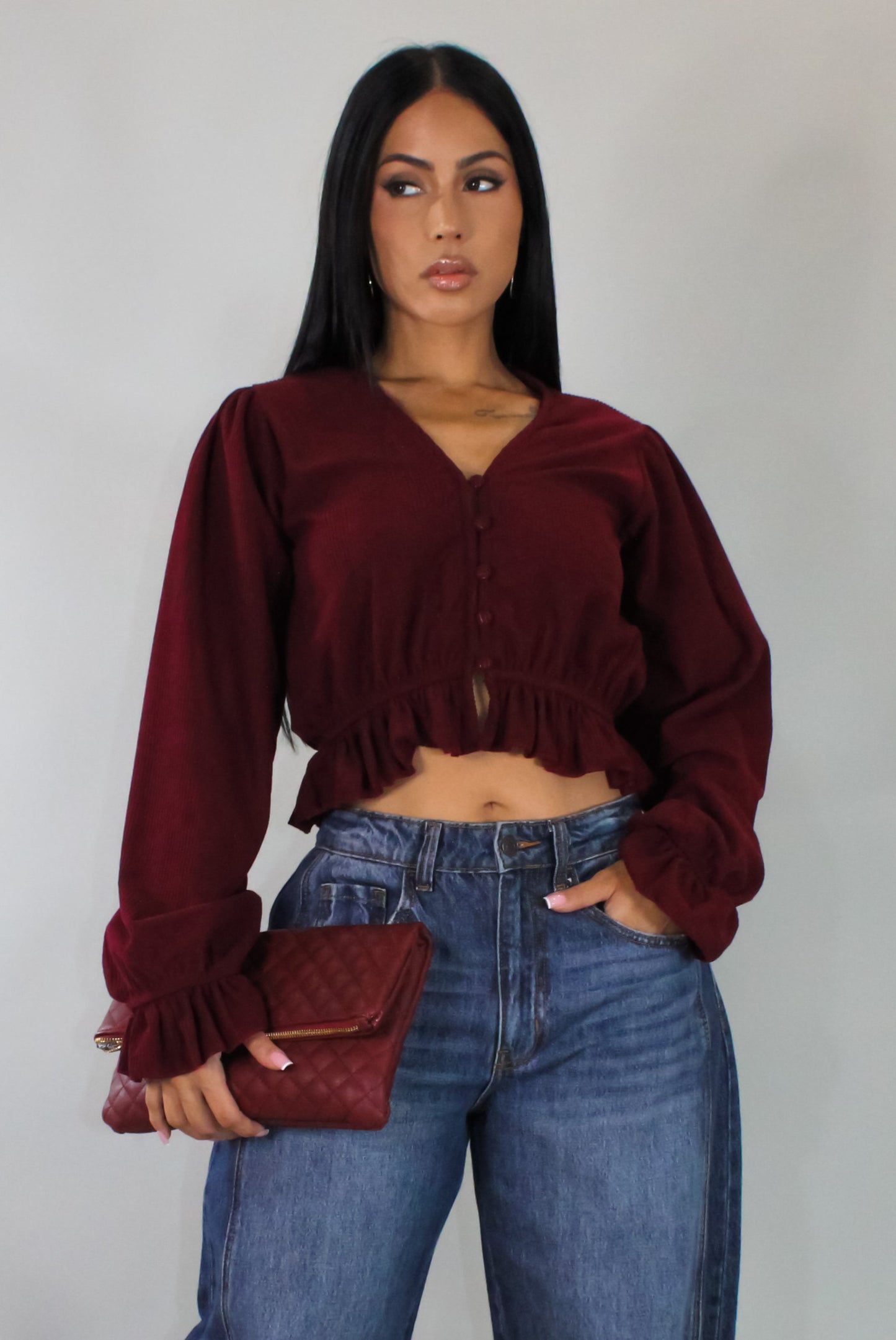 Take Me Out Burgundy Cropped Long Sleeve Top