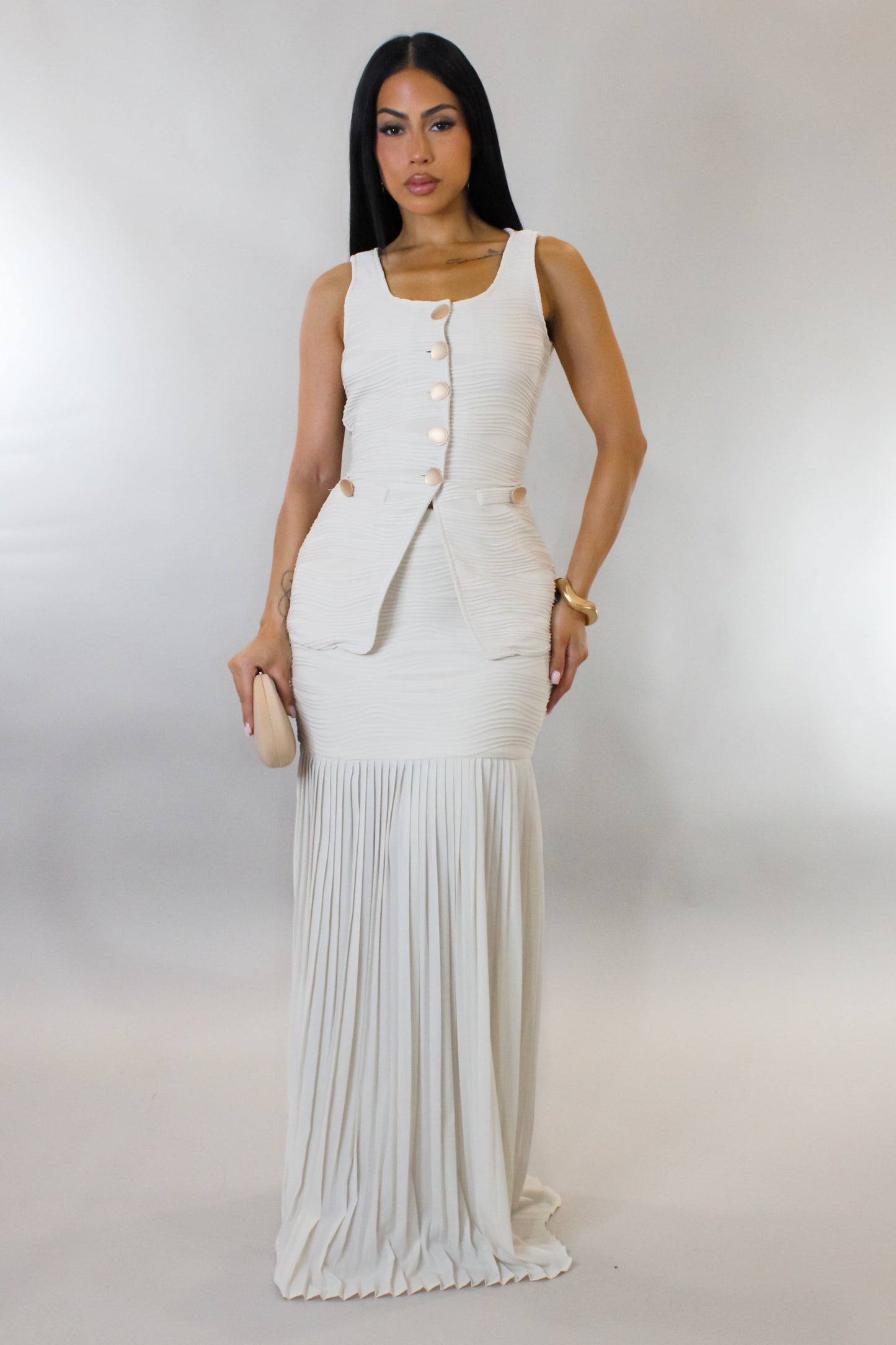 Vest Top & Pleated Skirt Set- Beige