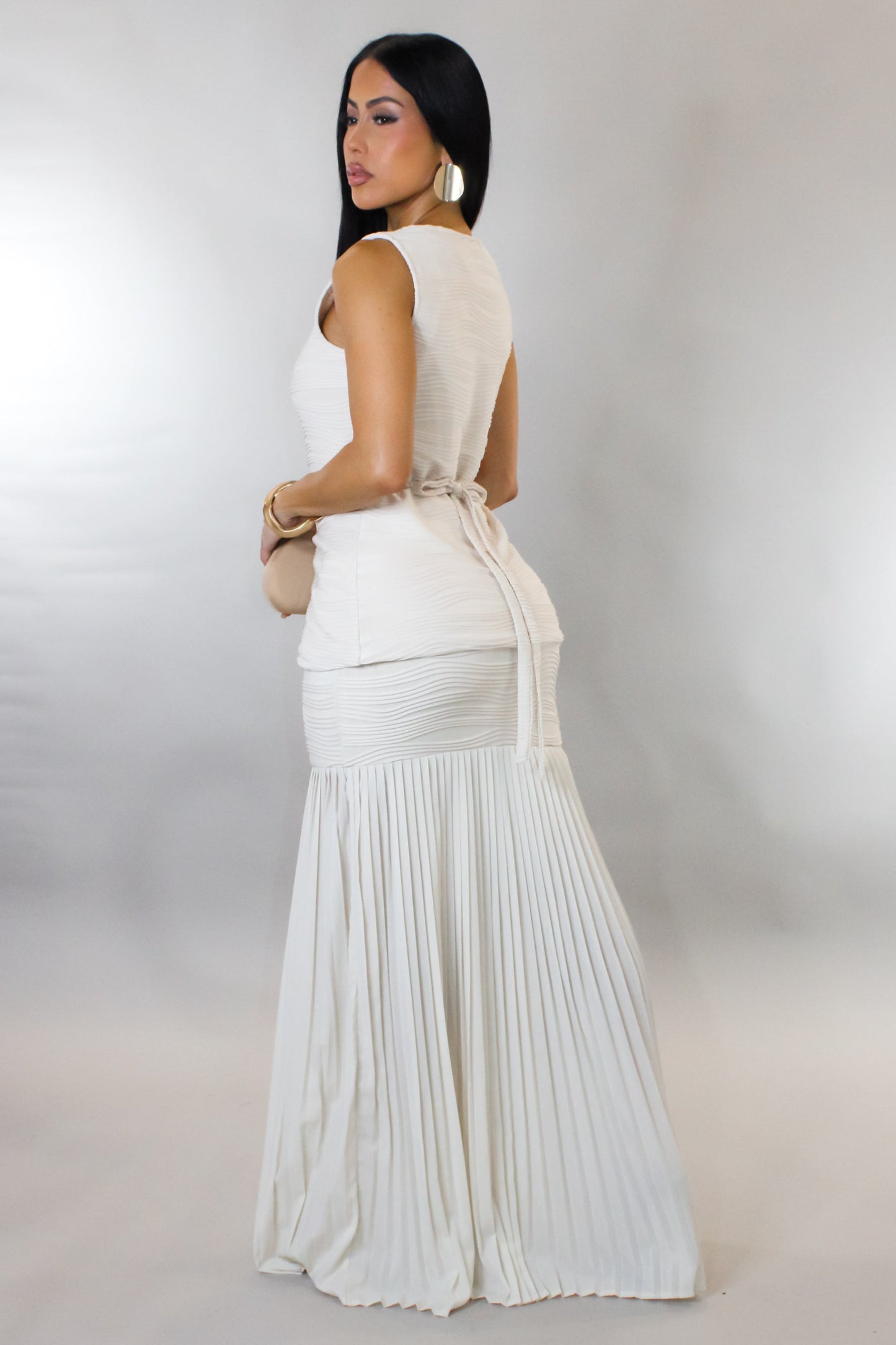Vest Top & Pleated Skirt Set- Beige