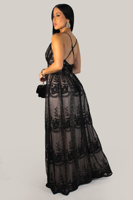 Midnight Garden Embroidered Dress- Black