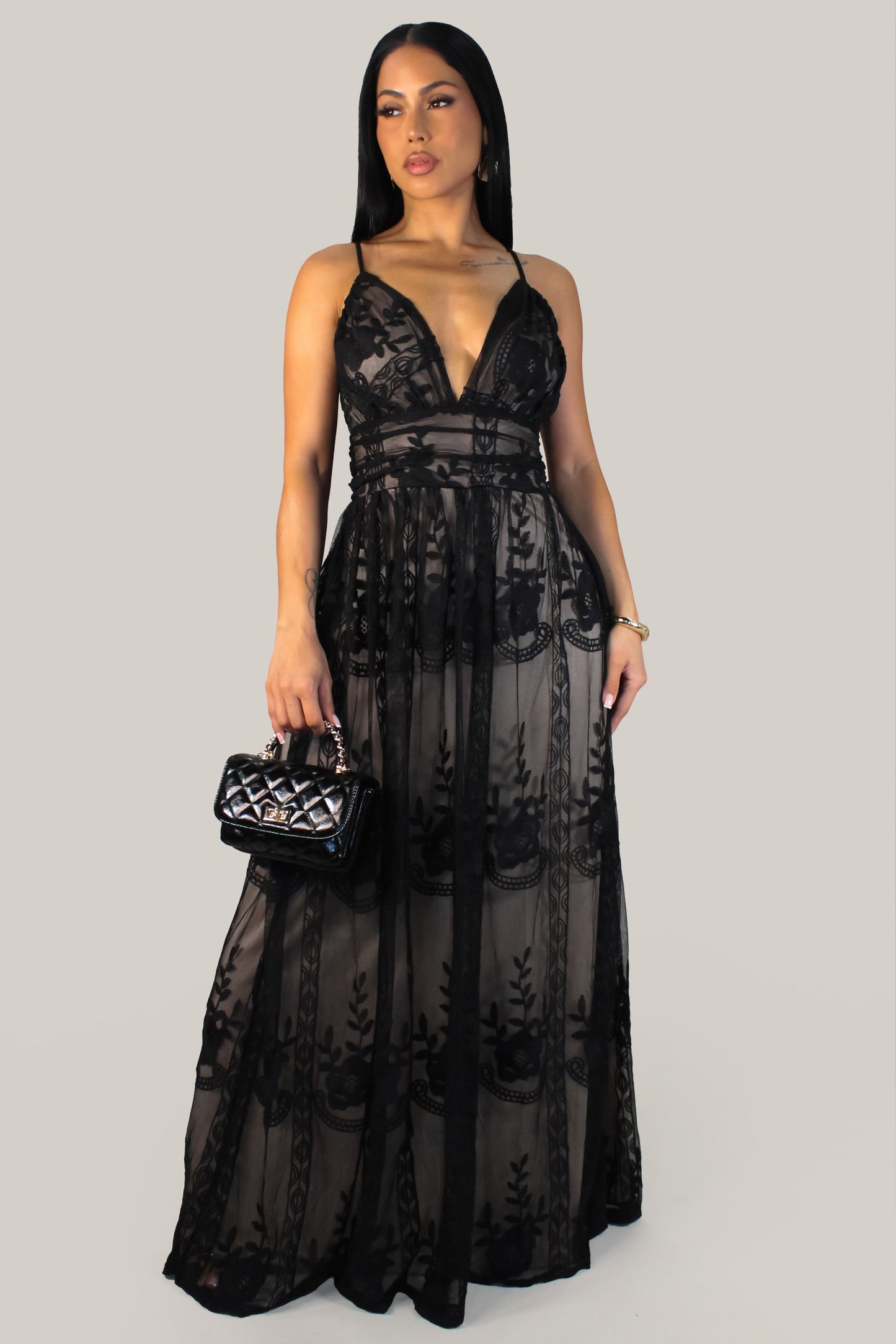 Midnight Garden Embroidered Dress- Black