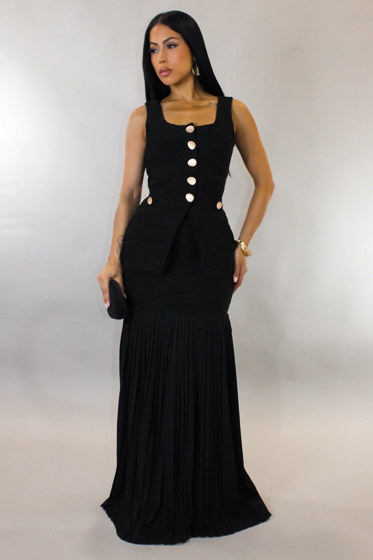 Vest Top & Pleated Skirt Set- Black