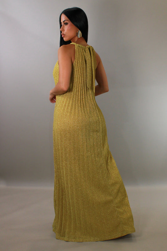 Gold Shimmer Halter Maxi Dress